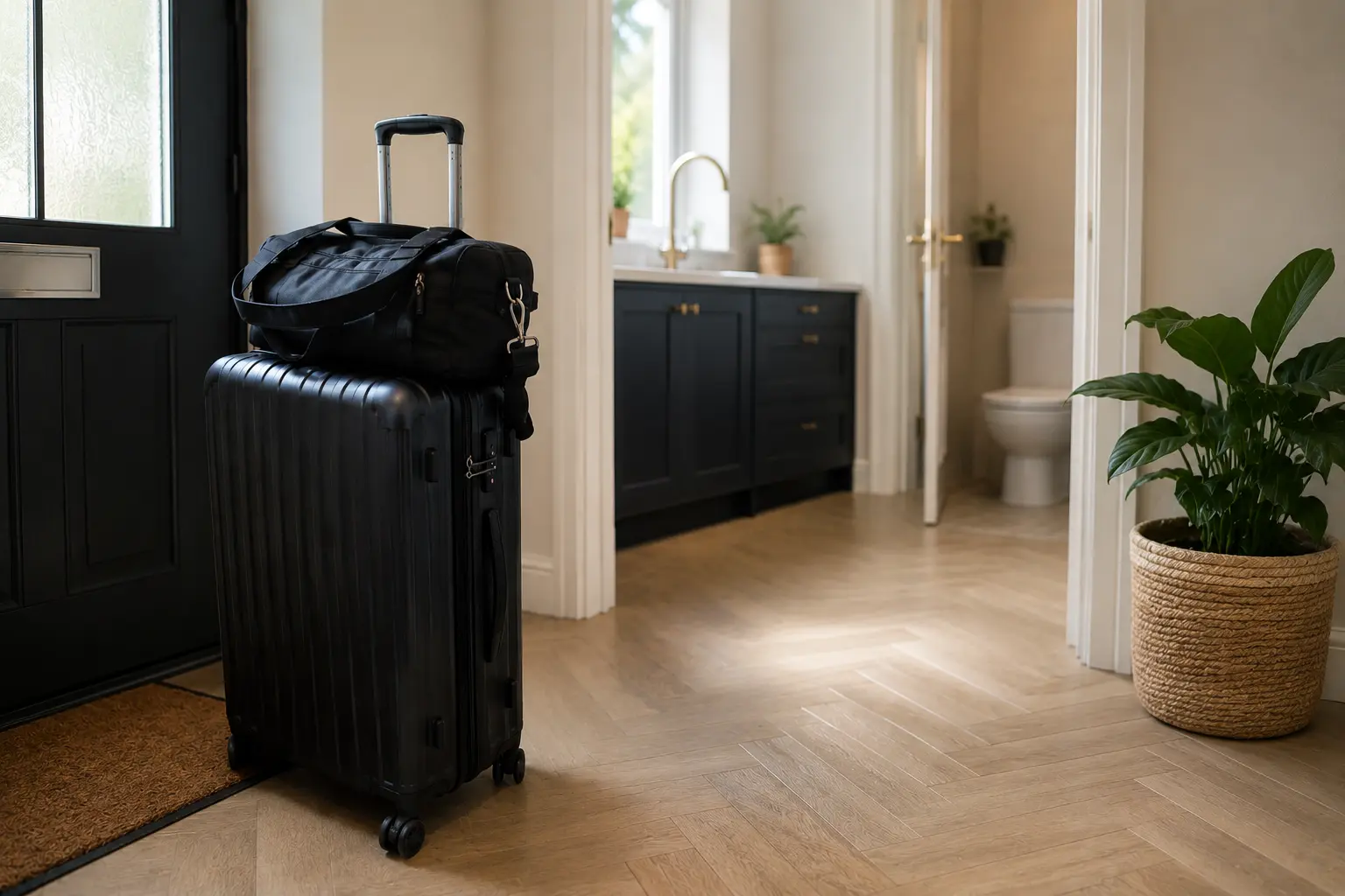 Packed suitcase by the front door with a bathroom in the background, highlighting plumbing checks before going on holiday.
